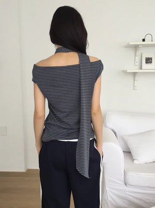 Striped Scarf Set Long Sleeve T-shirt Slim Fit Semi-Crop Unique Nerd Look • •