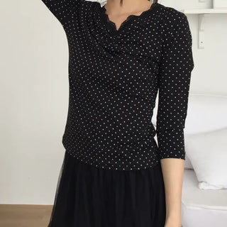 Polka Dot Lace Shirred T-shirt Delicate Fit Vintage Kitsch Look