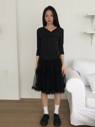 Polka Dot Lace Shirred T-shirt Delicate Fit Vintage Kitsch Look