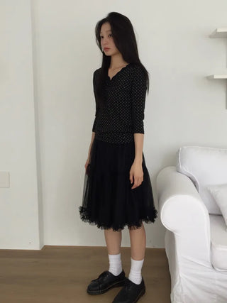 Polka Dot Lace Shirred T-shirt Delicate Fit Vintage Kitsch Look