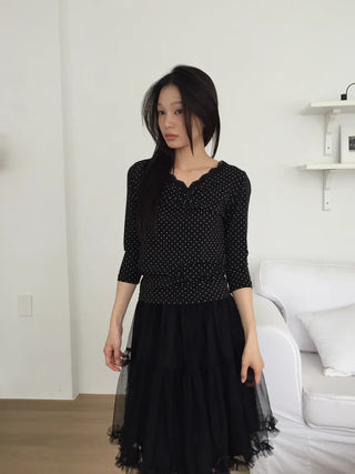 Polka Dot Lace Shirred T-shirt Delicate Fit Vintage Kitsch Look