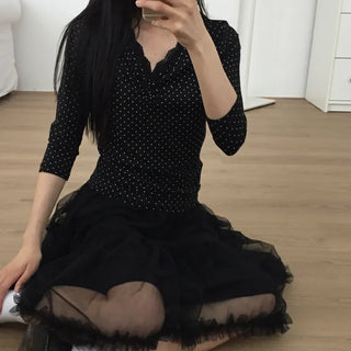 Polka Dot Lace Shirred T-shirt Delicate Fit Vintage Kitsch Look