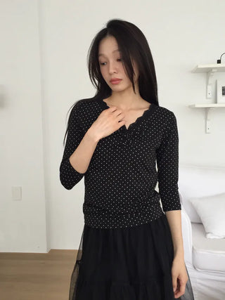 Polka Dot Lace Shirred T-shirt Delicate Fit Vintage Kitsch Look
