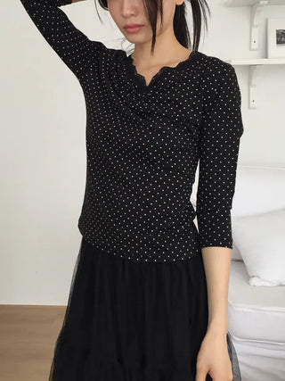 Polka Dot Lace Shirred T-shirt Delicate Fit Vintage Kitsch Look