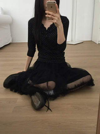 Polka Dot Lace Shirred T-shirt Delicate Fit Vintage Kitsch Look