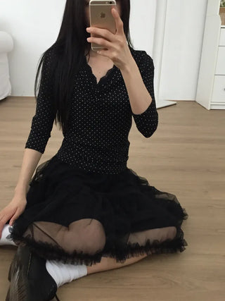 Polka Dot Lace Shirred T-shirt Delicate Fit Vintage Kitsch Look