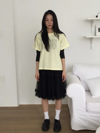 Polka Dot Lace Shirred T-shirt Delicate Fit Vintage Kitsch Look