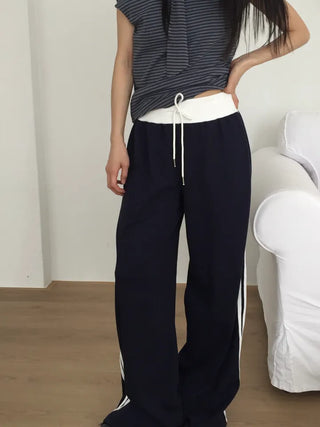 Two-Line Side Color Block Training Pants Wide Fit Hipster Street Look