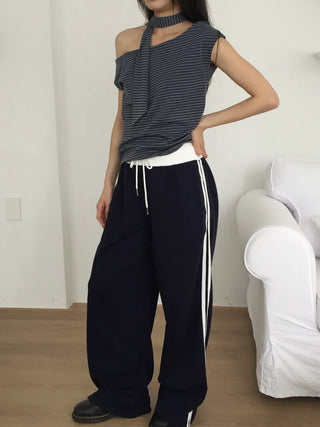 Two-Line Side Color Block Training Pants Wide Fit Hipster Street Look