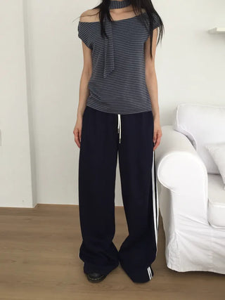 Two-Line Side Color Block Training Pants Wide Fit Hipster Street Look