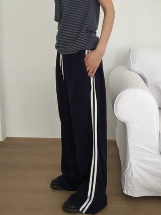 Two-Line Side Color Block Training Pants Wide Fit Hipster Street Look