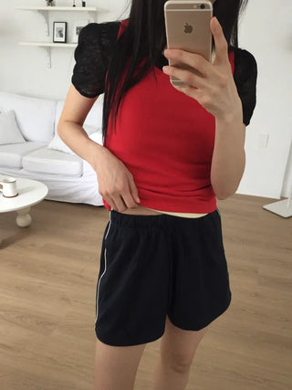 Two-Line Color Block Training Shorts Elastic Waist Shorts Hipster Nerd Look