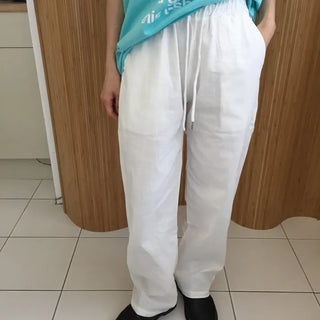 Summer Linen Wide Pants Elastic String Long Pants Delicate Fit Vacation Look Daily