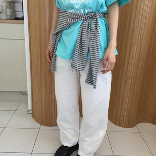 Summer Linen Wide Pants Elastic String Long Pants Delicate Fit Vacation Look Daily