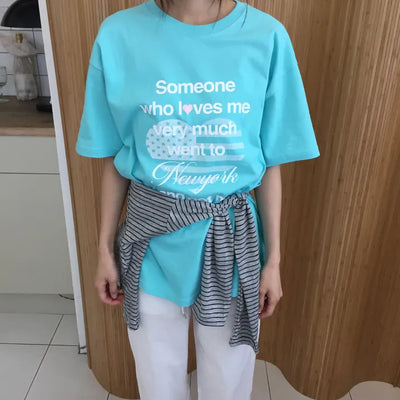 Summer Cotton New York Heart Lettering Short Sleeve T-shirt Oversized Boxy Fit Hip Cover Casual Chic