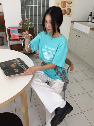Summer Cotton New York Heart Lettering Short Sleeve T-shirt Oversized Boxy Fit Hip Cover Casual Chic