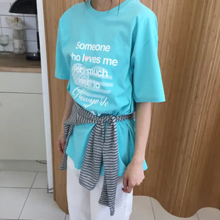 Summer Cotton New York Heart Lettering Short Sleeve T-shirt Oversized Boxy Fit Hip Cover Casual Chic