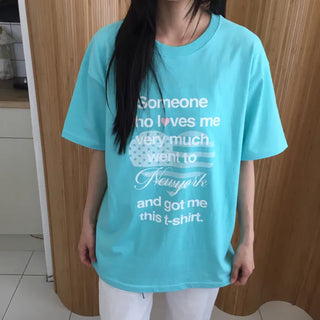 Summer Cotton New York Heart Lettering Short Sleeve T-shirt Oversized Boxy Fit Hip Cover Casual Chic
