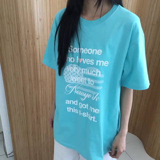 Summer Cotton New York Heart Lettering Short Sleeve T-shirt Oversized Boxy Fit Hip Cover Casual Chic