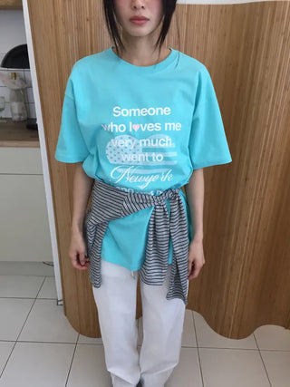 Summer Cotton New York Heart Lettering Short Sleeve T-shirt Oversized Boxy Fit Hip Cover Casual Chic
