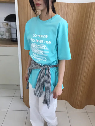 Summer Cotton New York Heart Lettering Short Sleeve T-shirt Oversized Boxy Fit Hip Cover Casual Chic