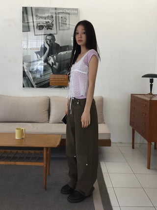 All-Season Cotton Cargo Wide Pants with Hip Street Cut Details