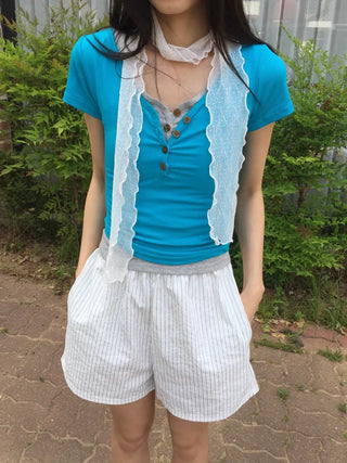 Summer Cotton Striped Elastic Shorts Shorts Homewear One-mile Wear 34 Length Pajamas