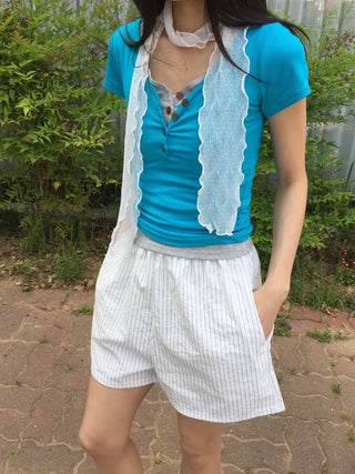 Summer Cotton Striped Elastic Shorts Shorts Homewear One-mile Wear 34 Length Pajamas