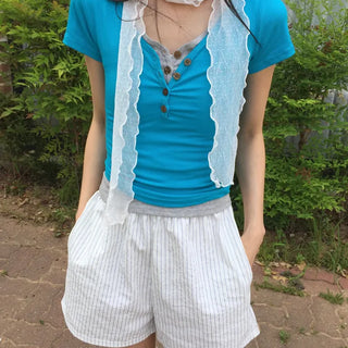 Summer Cotton Striped Elastic Shorts Shorts Homewear One-mile Wear 34 Length Pajamas