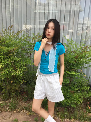 Summer Cotton Striped Elastic Shorts Shorts Homewear One-mile Wear 34 Length Pajamas