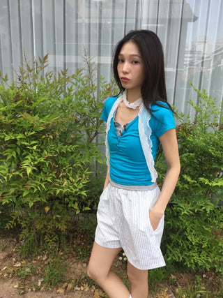 Summer Cotton Striped Elastic Shorts Shorts Homewear One-mile Wear 34 Length Pajamas