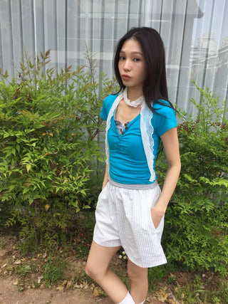 Summer Cotton Striped Elastic Shorts Shorts Homewear One-mile Wear 34 Length Pajamas