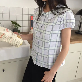 Summer plaid round collar shirt, puff sleeve short sleeve blouse, delicate fit, lovely date look