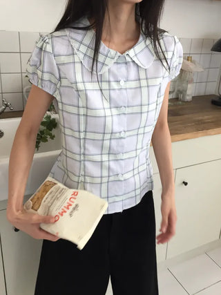 Summer plaid round collar shirt, puff sleeve short sleeve blouse, delicate fit, lovely date look