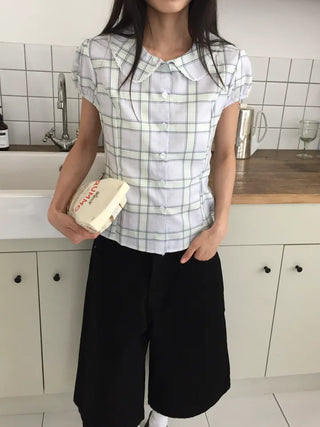 Summer plaid round collar shirt, puff sleeve short sleeve blouse, delicate fit, lovely date look