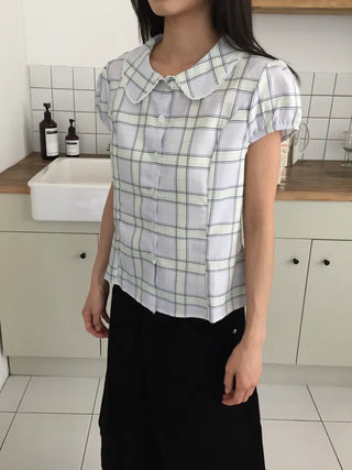 Summer plaid round collar shirt, puff sleeve short sleeve blouse, delicate fit, lovely date look