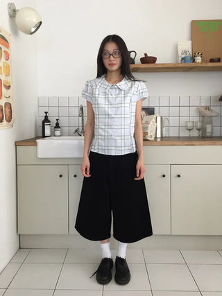 Summer plaid round collar shirt, puff sleeve short sleeve blouse, delicate fit, lovely date look