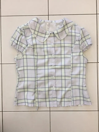 Summer plaid round collar shirt, puff sleeve short sleeve blouse, delicate fit, lovely date look