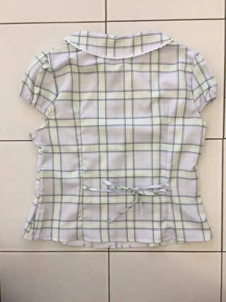 Summer plaid round collar shirt, puff sleeve short sleeve blouse, delicate fit, lovely date look