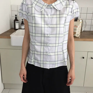 Summer plaid round collar shirt, puff sleeve short sleeve blouse, delicate fit, lovely date look