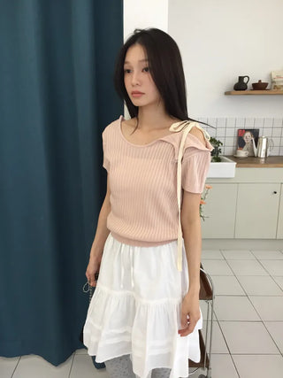 Summer Cool Knit Off-shoulder Ribbon Strap Short Sleeve Ribbed Knit Slim Fit Delicate Fit Balletcore Date Look