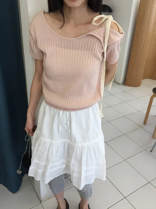 Summer Cool Knit Off-shoulder Ribbon Strap Short Sleeve Ribbed Knit Slim Fit Delicate Fit Balletcore Date Look