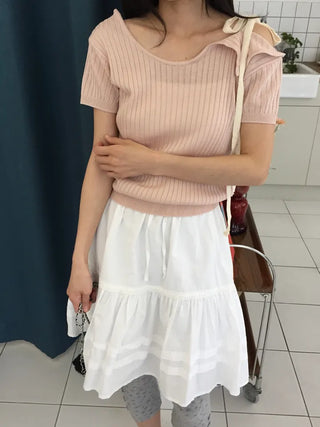 Summer Cool Knit Off-shoulder Ribbon Strap Short Sleeve Ribbed Knit Slim Fit Delicate Fit Balletcore Date Look