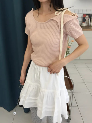 Summer Cool Knit Off-shoulder Ribbon Strap Short Sleeve Ribbed Knit Slim Fit Delicate Fit Balletcore Date Look