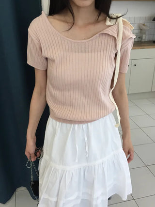 Summer Cool Knit Off-shoulder Ribbon Strap Short Sleeve Ribbed Knit Slim Fit Delicate Fit Balletcore Date Look