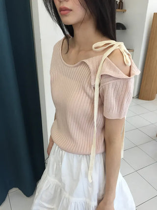 Summer Cool Knit Off-shoulder Ribbon Strap Short Sleeve Ribbed Knit Slim Fit Delicate Fit Balletcore Date Look
