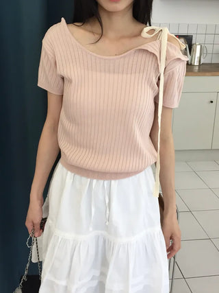 Summer Cool Knit Off-shoulder Ribbon Strap Short Sleeve Ribbed Knit Slim Fit Delicate Fit Balletcore Date Look