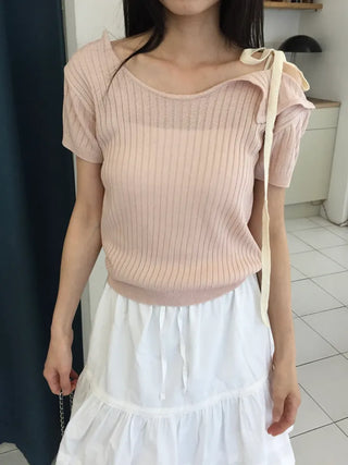 Summer Cool Knit Off-shoulder Ribbon Strap Short Sleeve Ribbed Knit Slim Fit Delicate Fit Balletcore Date Look
