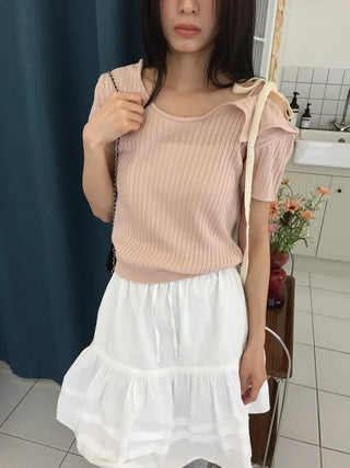 Summer Cool Knit Off-shoulder Ribbon Strap Short Sleeve Ribbed Knit Slim Fit Delicate Fit Balletcore Date Look