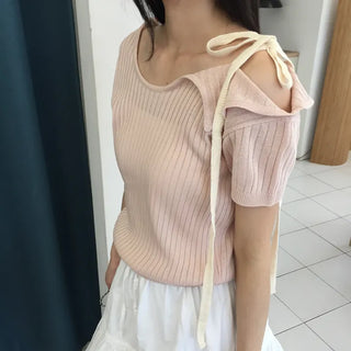 Summer Cool Knit Off-shoulder Ribbon Strap Short Sleeve Ribbed Knit Slim Fit Delicate Fit Balletcore Date Look